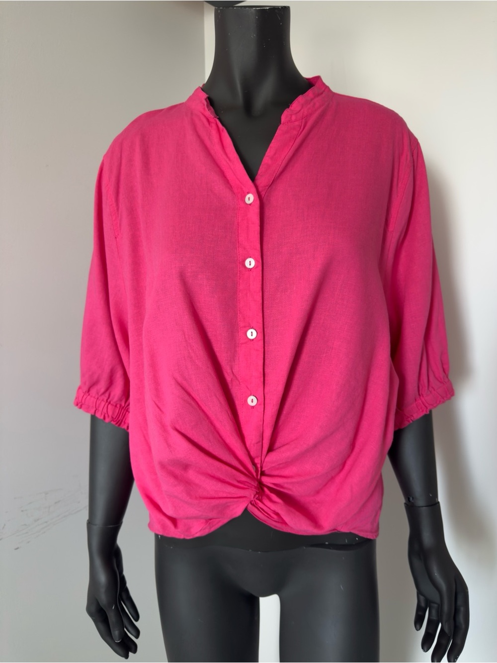 208. Dreamers Linen Hot Pink Button-Front Twist Hem Blouse